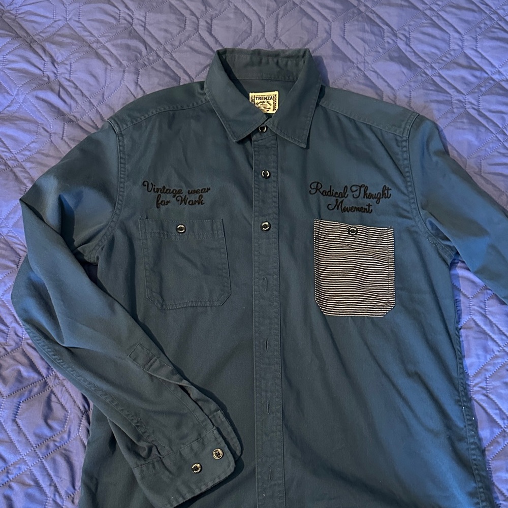 Blue Button-Up Shirt with Striped Pocket